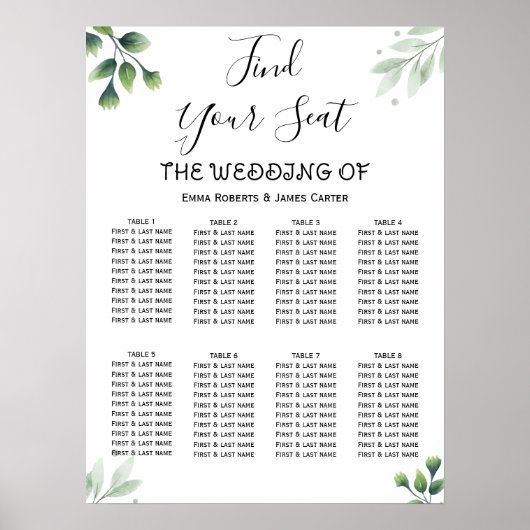 Eenvoudige groene elegante trouwzaalstoelindeling poster (Voorkant)