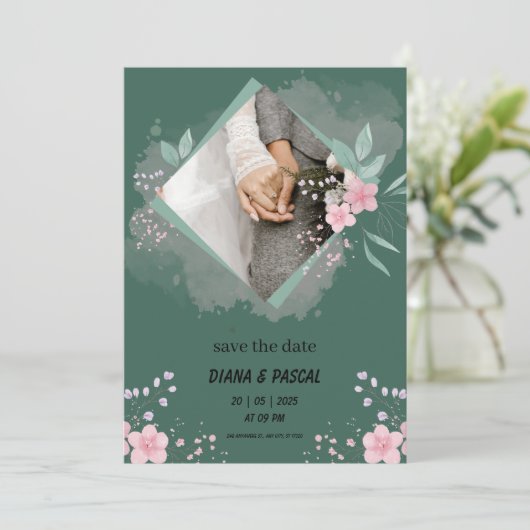 Eenvoudige groene en roze Save the Date Kaart (Staand voorkant)