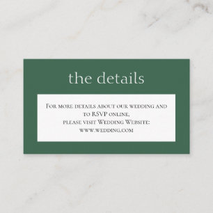 Eenvoudige groene klassieke bruiloft. Details. Web Informatiekaartje