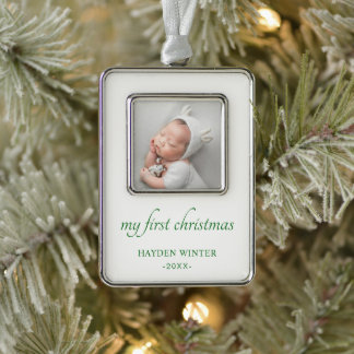 Eenvoudige groene minimalistische foto baby's eers verzilverd kader ornament