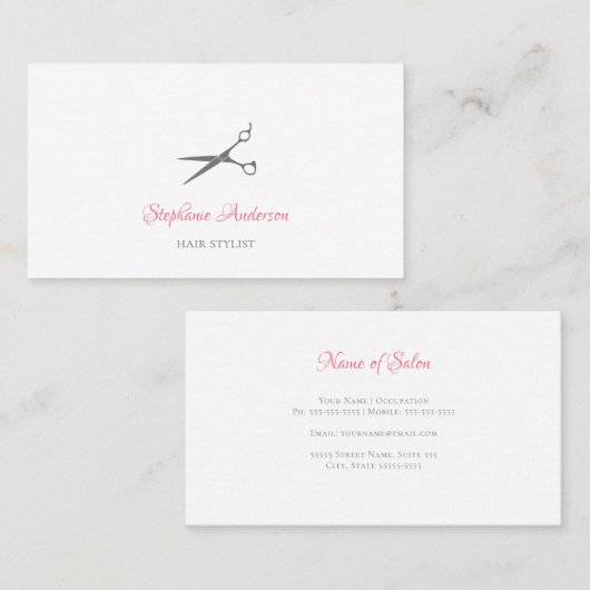 Eenvoudige haarstylist grijze schaar met roze scri visitekaartje (Voorkant / Achterkant)