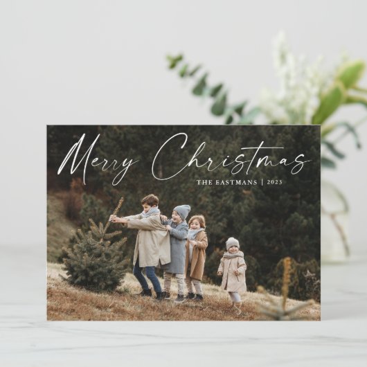 Eenvoudige handgeschreven script foto kerst feestdagenkaart (Staand voorkant)
