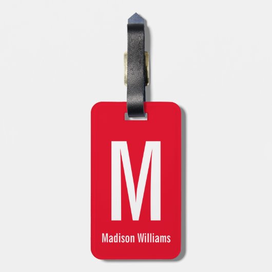 Eenvoudige, heldere rode en witte naam en monogram bagagelabel (Achterkant verticaal)