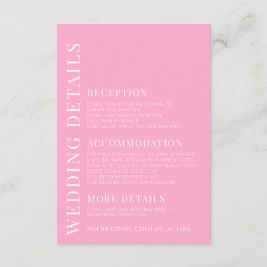 Eenvoudige hete roze witte bloemenbruiloft details informatiekaartje (Voorkant)