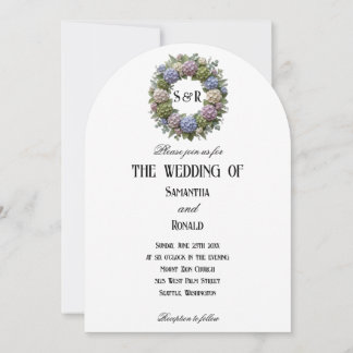 Eenvoudige Hortensia Krans Monogram Bruiloft Kaart