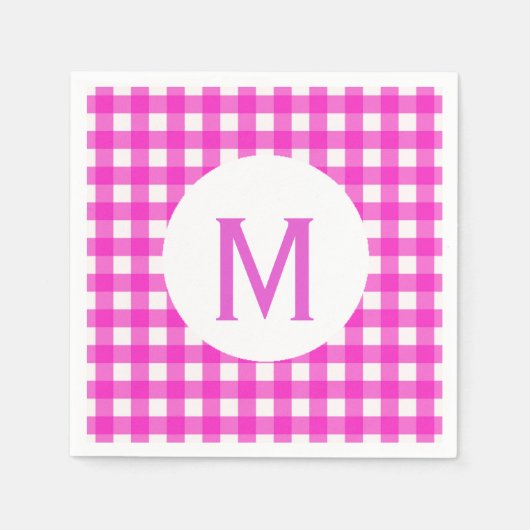 Eenvoudige hotroze Gingham Monogram Servet (Voorkant)
