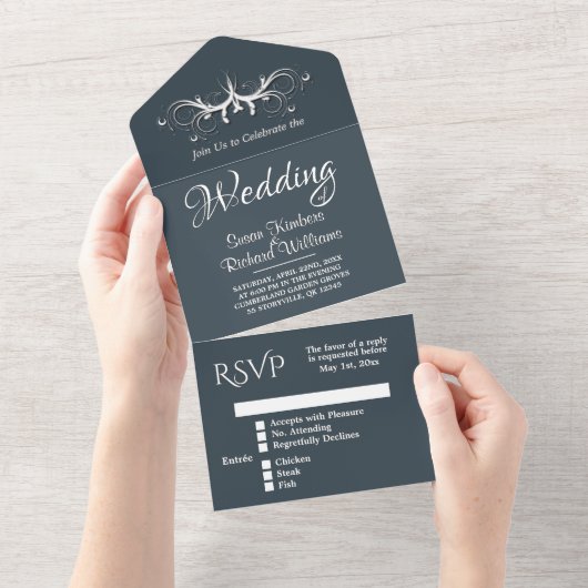 Eenvoudige houtskool en witte triplex met Rsvp Wed All In One Uitnodiging (Afscheurbaar)
