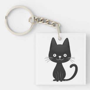 Eenvoudige Illustratie van Zwarte Kat Cute Kawaii Sleutelhanger