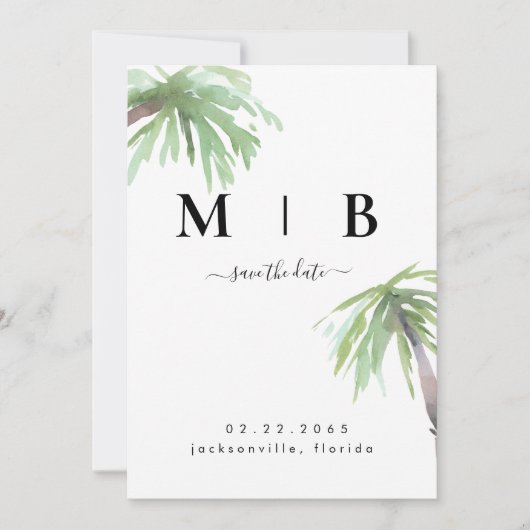Eenvoudige Initialen Tropical Wedding Vertical Save The Date (Voorkant)