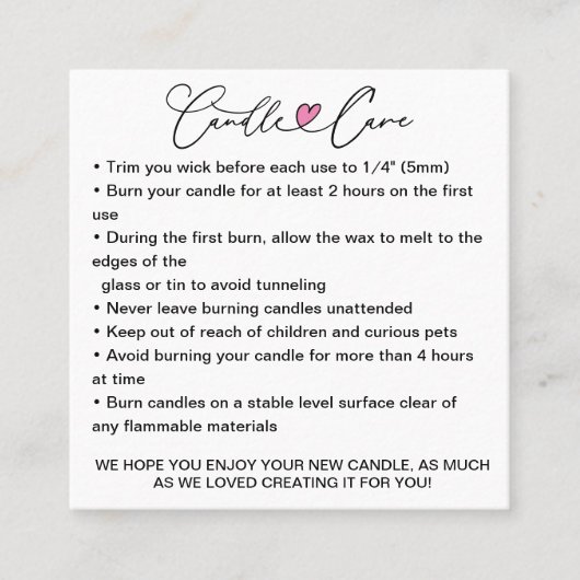 Eenvoudige kaarszorginstructies / voeg uw Logo toe Vierkante Visitekaartje (Voorkant)