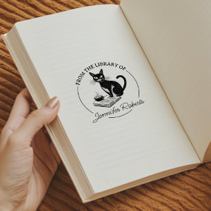 Eenvoudige kalligrafie, bibliotheekkat boek 	rubberstempel