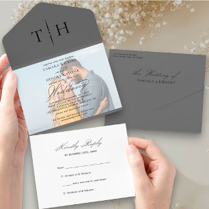Eenvoudige kalligrafie Foto Gray RSVP Weddenschap All In One Uitnodiging