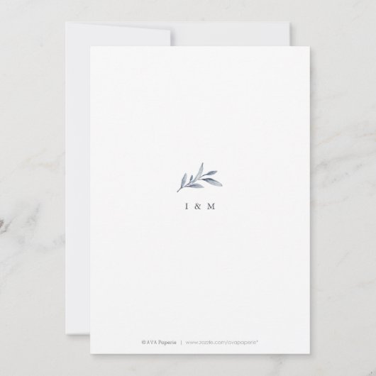 Eenvoudige kalligrafie, stoffige blauwe groene bru save the date (Achterkant)