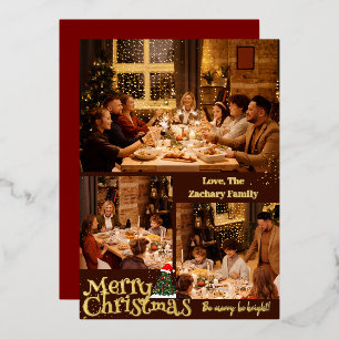 Eenvoudige kerst familie typografie drie foto folie feestdagenkaart
