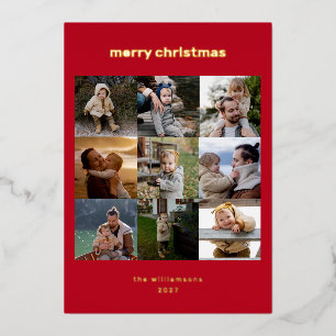 Eenvoudige Kerst Foto Collage Modern Rood Goud Folie Feestdagenkaart