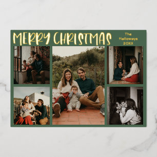 Eenvoudige kerstgroene vijf foto Gold Folie Feestdagenkaart