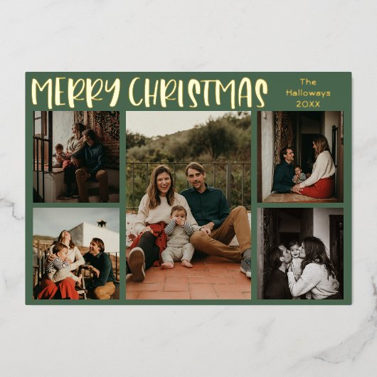 Eenvoudige kerstgroene vijf foto Gold Folie Feestdagenkaart (Voorkant)