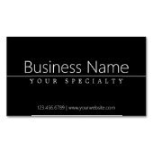 Eenvoudige klasklare witte tekst op zwart magnetisch visitekaartje (Voorkant)