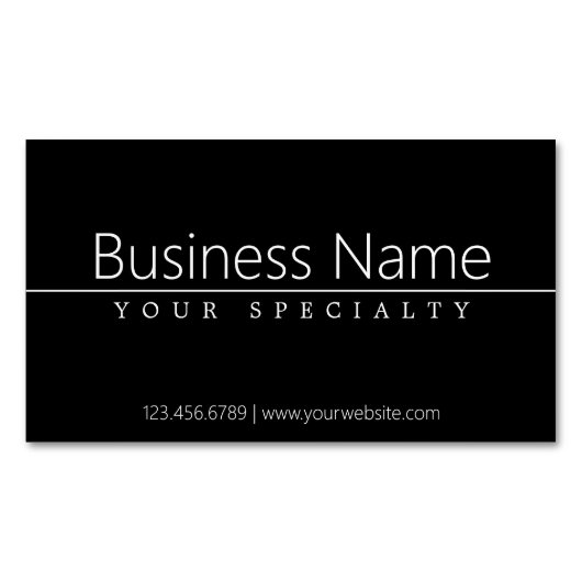 Eenvoudige klasklare witte tekst op zwart magnetisch visitekaartje (Voorkant)