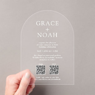 Eenvoudige Klassieke Typografie QR RSVP Trouwboog Acryl Uitnodigingen