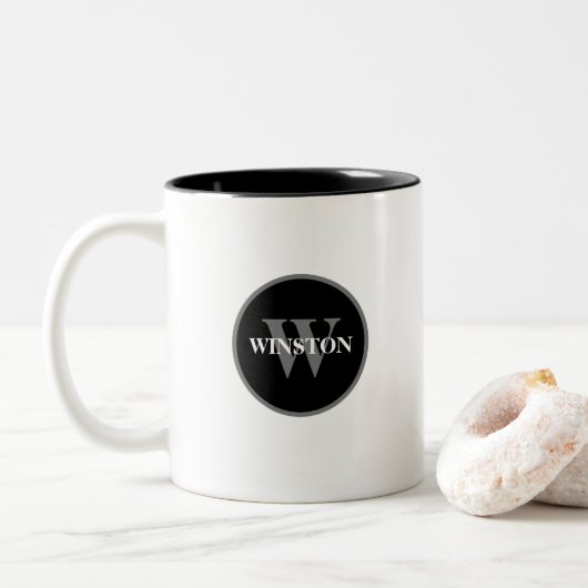 Eenvoudige Klassieke Zwart Wit Grijs Custom Monogr Tweekleurige Koffiemok (Met donut)