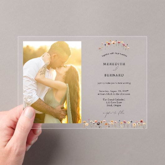 Eenvoudige Kleurrijke Bloemen Trouwfoto Horizontaa Acryl Uitnodigingen (Insitu (Draagbaar))