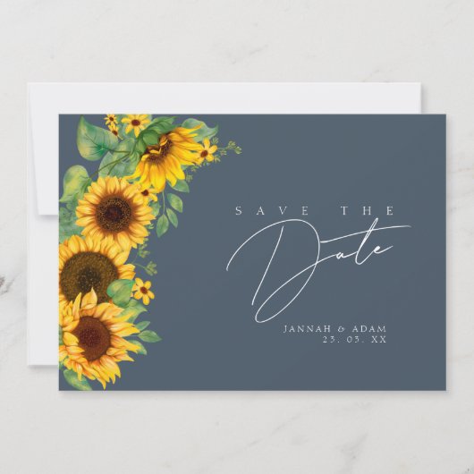 Eenvoudige koningsblauwe weelde zonnebloem bruilof save the date (Voorkant)