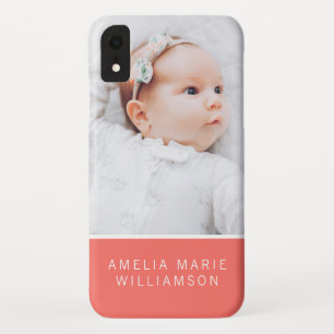 Eenvoudige koraal moderne babyfoto en naam iPhone XR hoesje