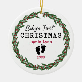 Eenvoudige krans rode groene baby's eerste Kerstmi Keramisch Ornament