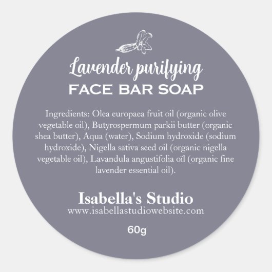 Eenvoudige lavendel Handgemaakte soap Ingredients  Ronde Sticker (Voorkant)