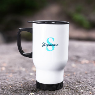 Eenvoudige legant monogram naam Aqua Blue Reisbeker