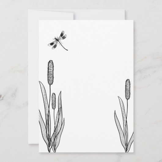 Eenvoudige libel en Cattails zwart wit bruiloft Kaart (Achterkant)