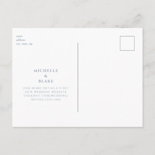 Eenvoudige lichtblauwe monogram trouwkaart 'Save t Briefkaart (Achterkant)