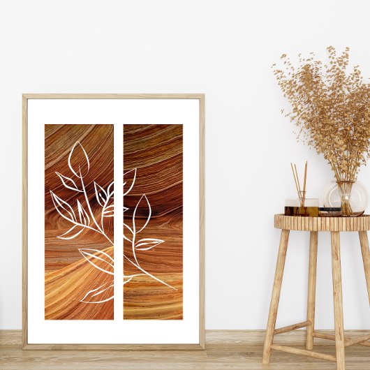 Eenvoudige lijn Art Leaf Outline Rich Wood Achterg Poster