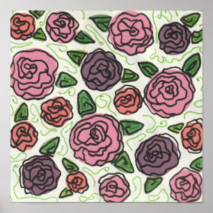 Eenvoudige lijntekening van rode en Paarse Rozen Poster