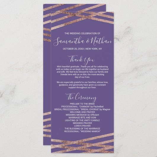 Eenvoudige Lined Roos Gold Violet Wedding Programm Programma (Voorkant / Achterkant)