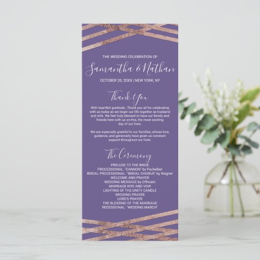 Eenvoudige Lined Roos Gold Violet Wedding Programm Programma (Staand voorkant)