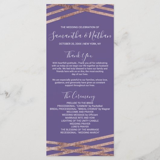 Eenvoudige Lined Roos Gold Violet Wedding Programm Programma (Voorkant)
