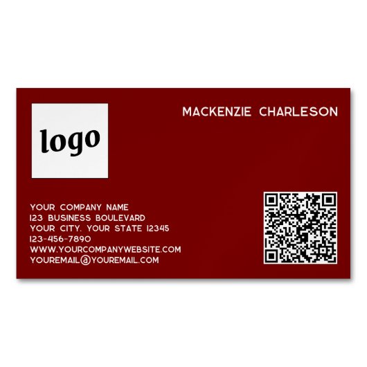 Eenvoudige Logo en QR Code Bourgogne Rood Magnetisch Visitekaartje (Voorkant)