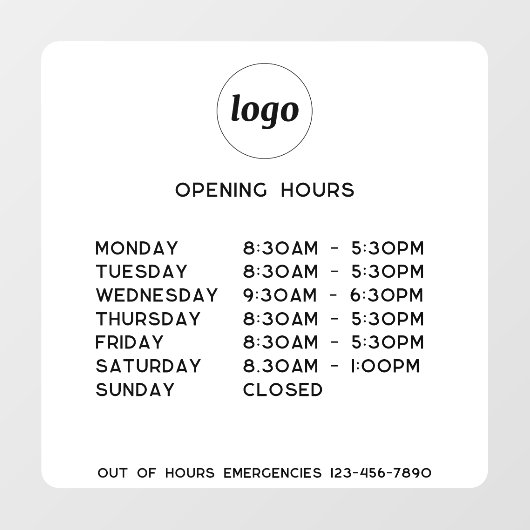 Eenvoudige Logo en Tekst Bedrijfs Openingstijden Raamsticker (Vel)