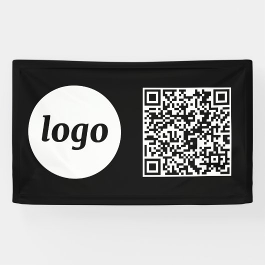 Eenvoudige Logo en Tekst Business QR Code Zwart Spandoek (Horizontaal)