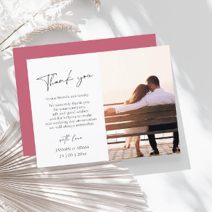 Eenvoudige magenta roze script foto bruiloft dank briefkaart