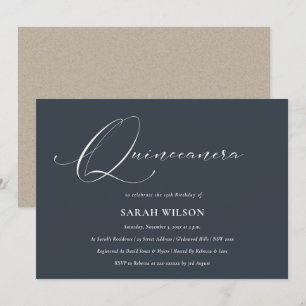 Eenvoudige Manuscript zwarte marine White Quinceañ Bedankkaart