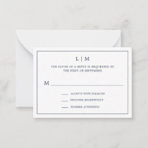 Eenvoudige Marine Blauw Monogram Mini Huwelijk RSV Notitiekaartje