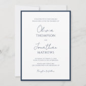 Eenvoudige Marine Blue Border Script QR Code Weddi Kaart (Voorkant)