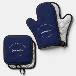 Eenvoudige marineblauwe Persoonlijke Beste Chef te Ovenwant & Pannenlap Set