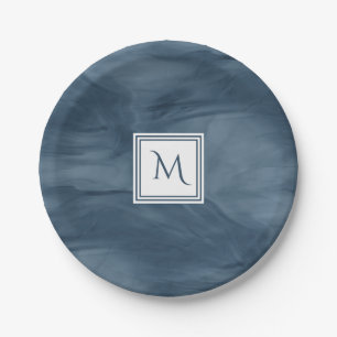 Eenvoudige marmer Blue Subtle Marble Modern Monogr Papieren Bordje
