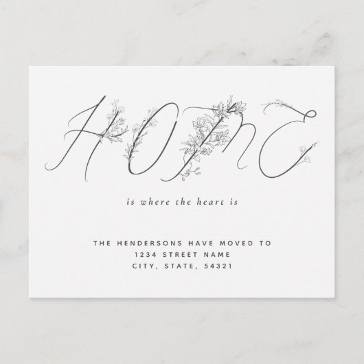 Eenvoudige mededeling van Floral Script New Home M Briefkaart (Voorkant)