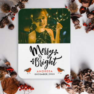 Eenvoudige Merry And Bright Kerst Robin Foto Typo Magneet