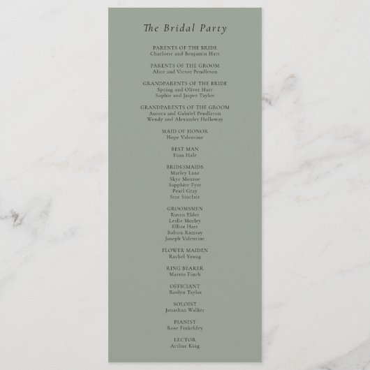 Eenvoudige Minimal Herfst Sage Groene Bruiloft Programma (Achterkant)